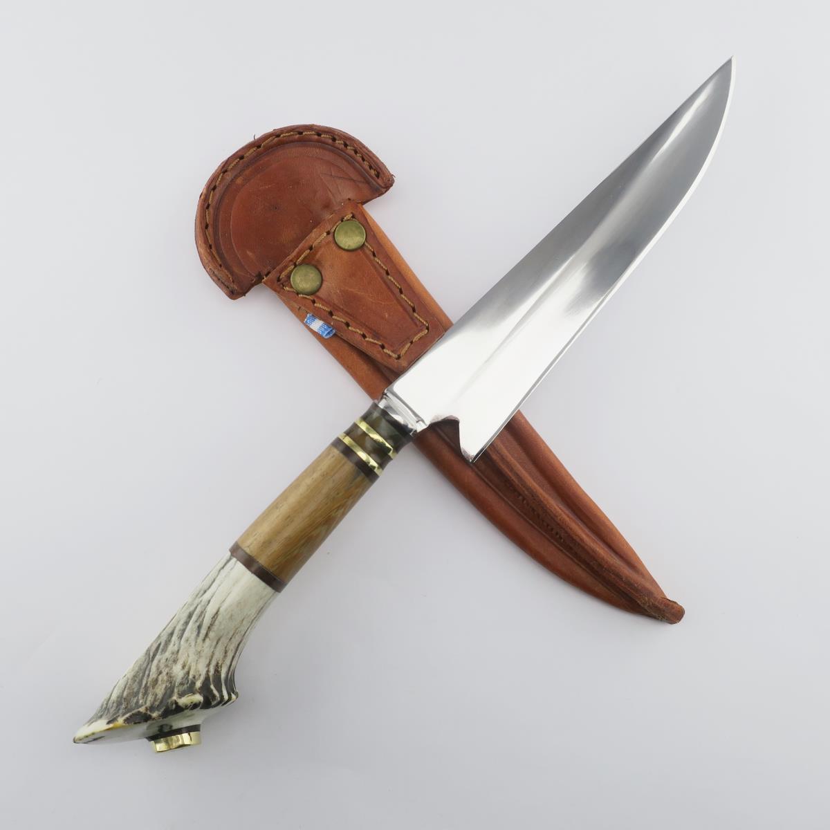 Premium 6.3-inch stainless steel hunting knife with a deer antler handle and a brown leather sheath, perfect for outdoor enthusiasts and collectors.