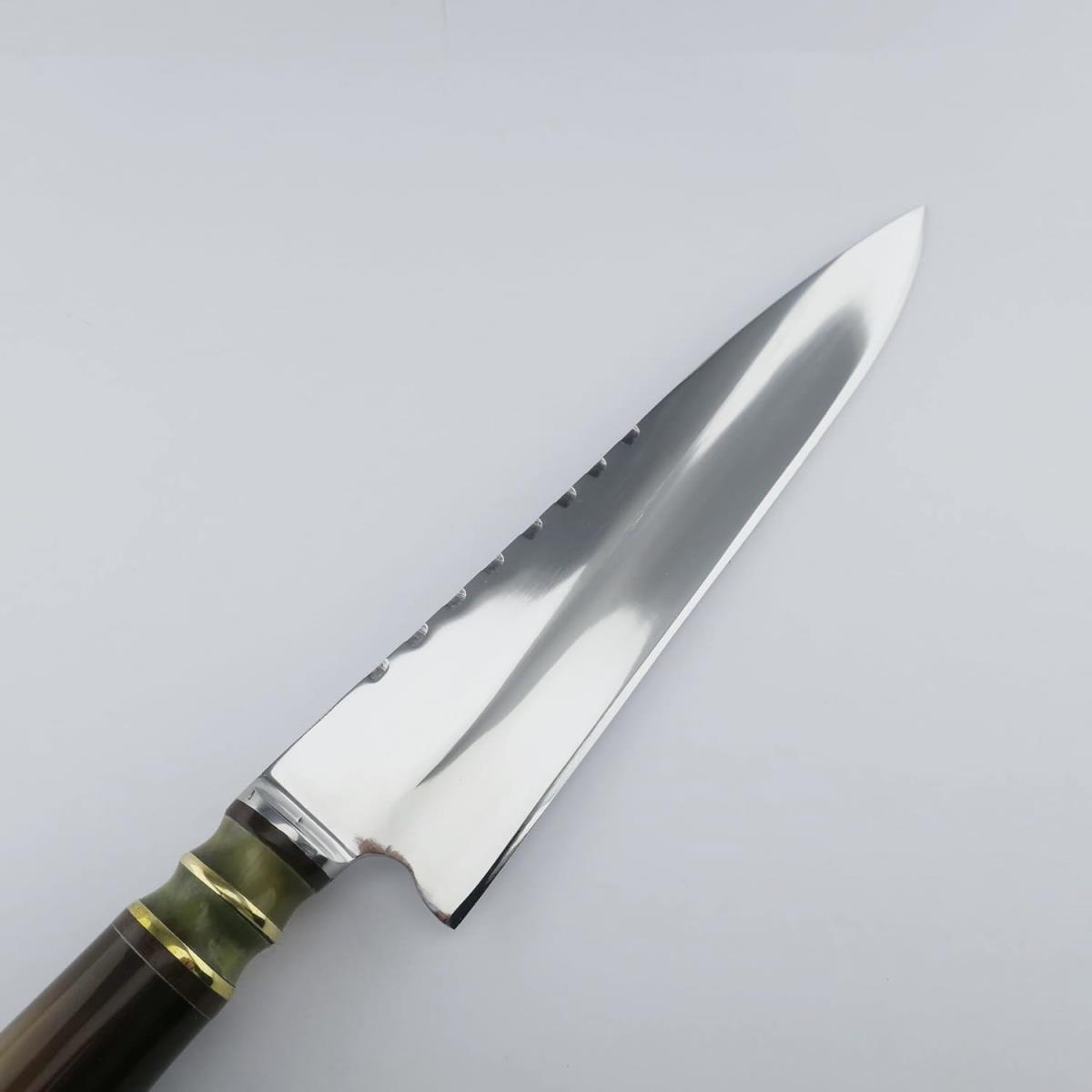 A shiny, sharp 7.1-inch stainless steel knife with a unique handle featuring green and brown sections separated by gold rings. Ideal for various kitchen tasks, showcasing high-quality craftsmanship and a comfortable grip.