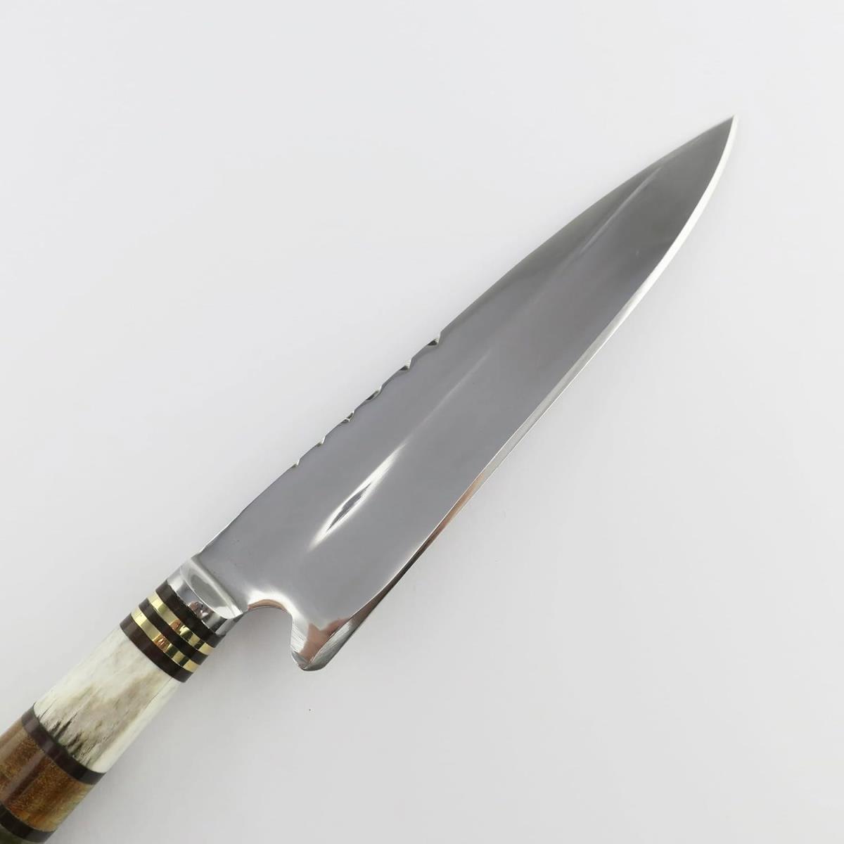 Armadillo 6.3-inch stainless steel knife with a polished blade, decorative handle featuring bone, brass, and wood segments, ideal for various cutting tasks.