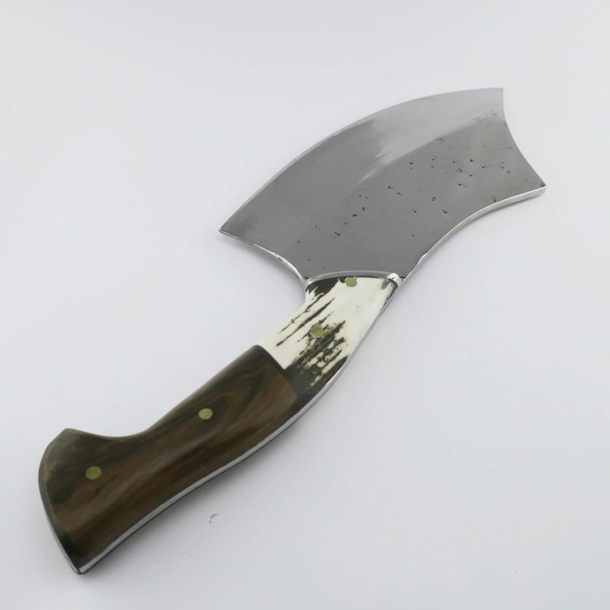 7.68-inch Deer Hatchet with black steel blade and wood handle with bone inlay. Ideal for outdoor use, camping, and bushcraft. Durable and sharp.