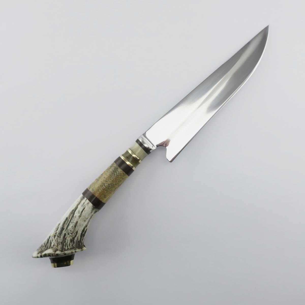 Handcrafted Deer 5.5-inch knife with a polished stainless steel blade, featuring a unique antler handle and decorative accents. Ideal for outdoor enthusiasts and collectors.