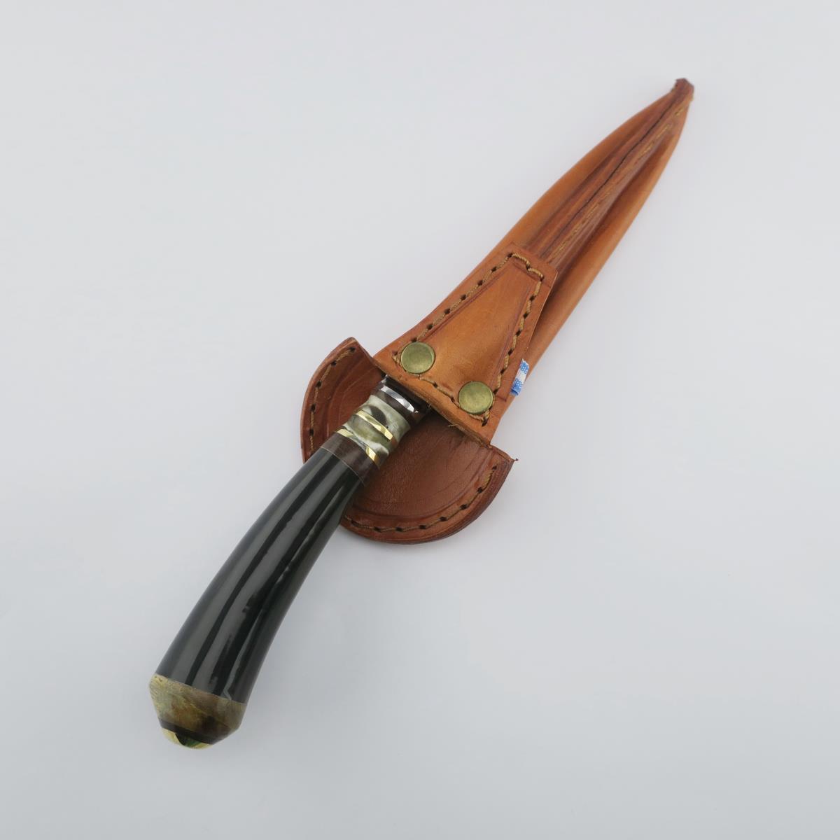 Dark handle 5.5-inch stainless steel knife with a brown leather sheath, perfect for outdoor activities or as a collector's item.