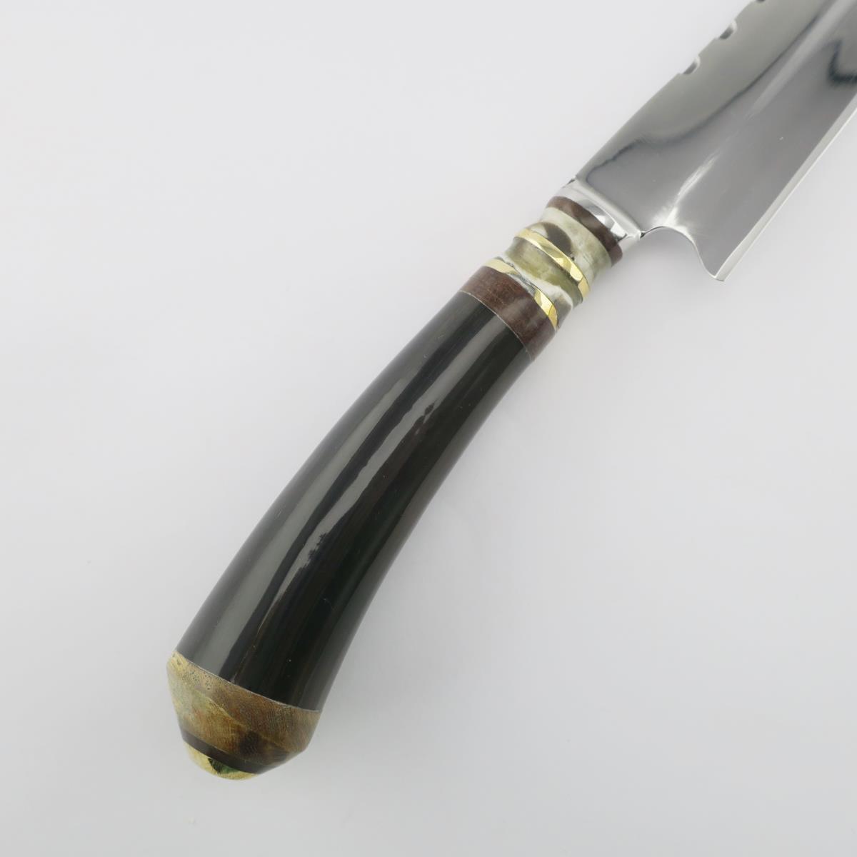 Cow 5.5 inch Dark Stainless Steel Knife with a polished blade and an elegant dark handle featuring brass and horn accents, ideal for culinary tasks.