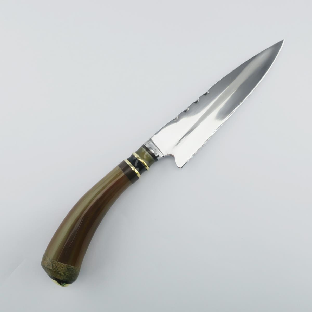 Cow 5.5 inch combined stainless steel knife with a unique curved brown handle and polished blade, ideal for various kitchen tasks or collection. Durable and sharp, this knife is a perfect blend of style and utility.