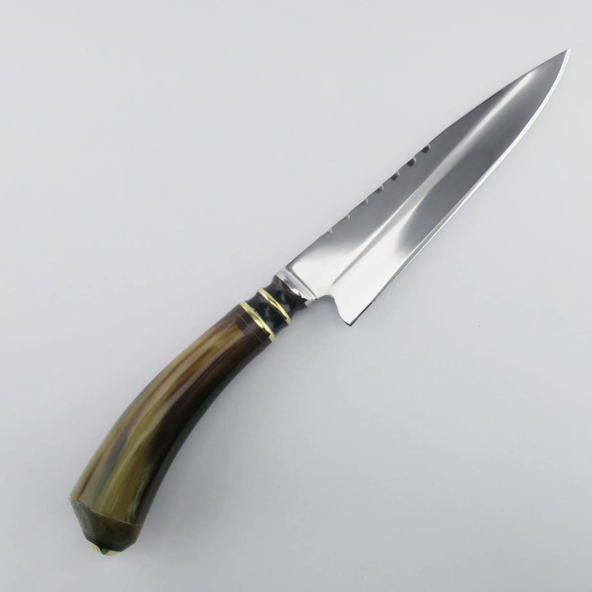 6.3-inch Cow Combined stainless steel knife with a unique horn handle and polished blade, ideal for collectors and kitchen use.